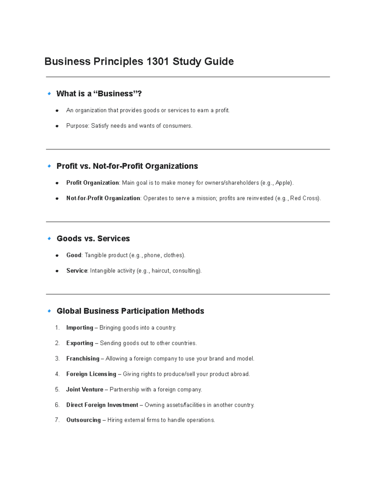 Business Principles 1301 Study Guide: Key Concepts & Definitions - Studocu