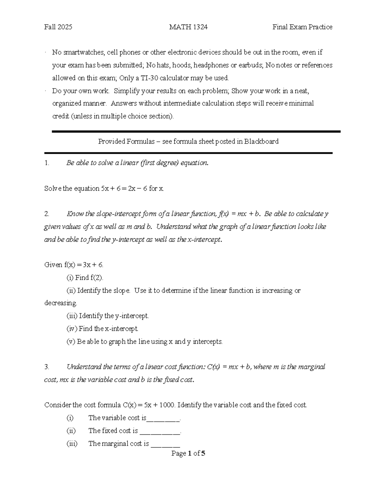 MATH 1324 Final Exam Practice - Fall 2025 - Studocu
