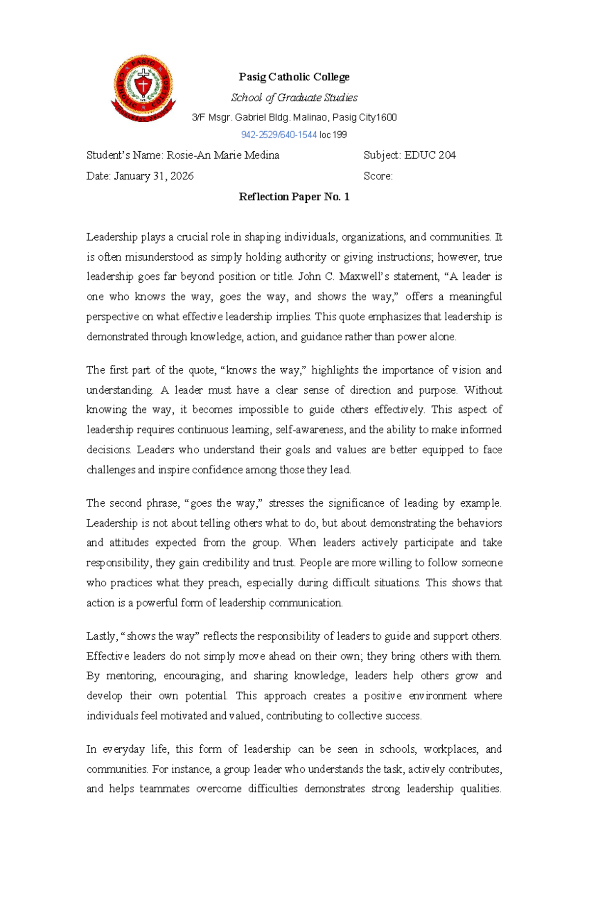 EDUC 204 Reflection Paper No. 1: Understanding Leadership Qualities ...