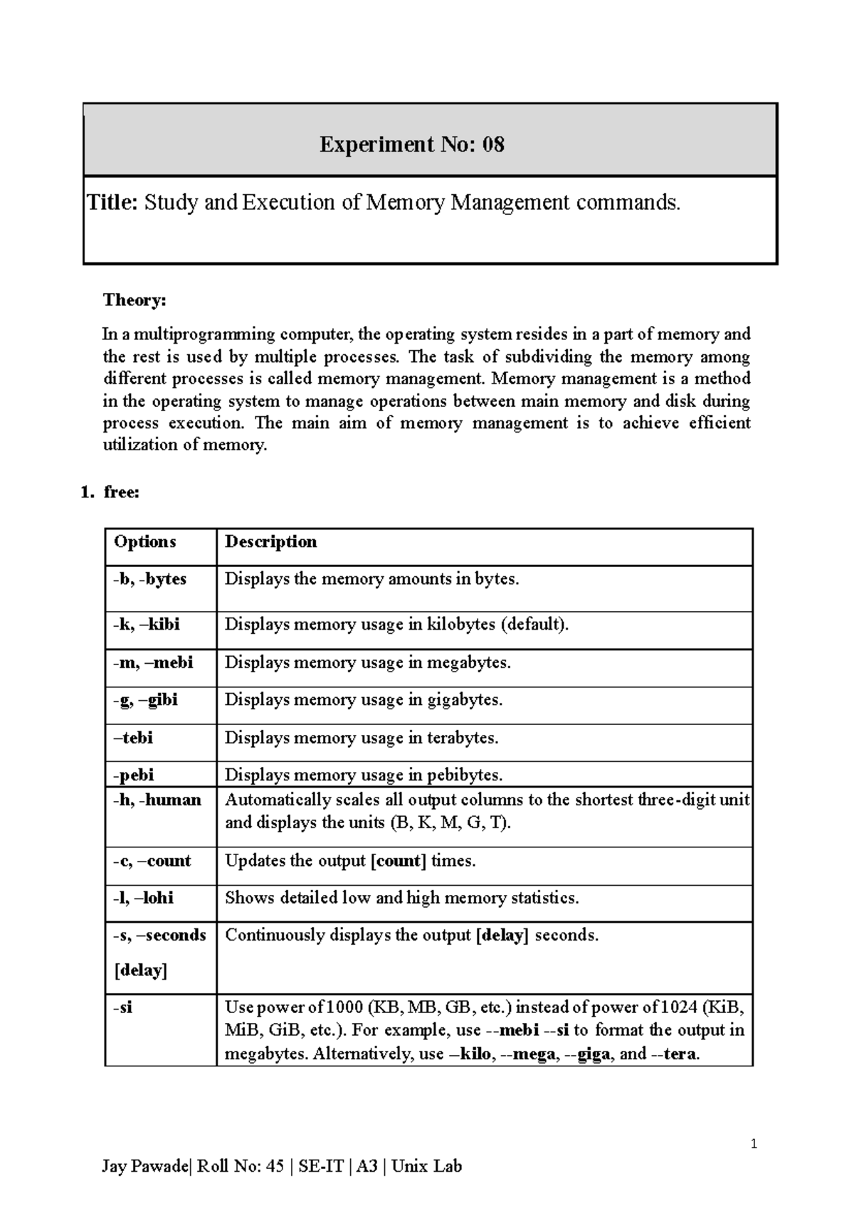 Unix Exp8: Study & Execution of Memory Management Commands - Studocu