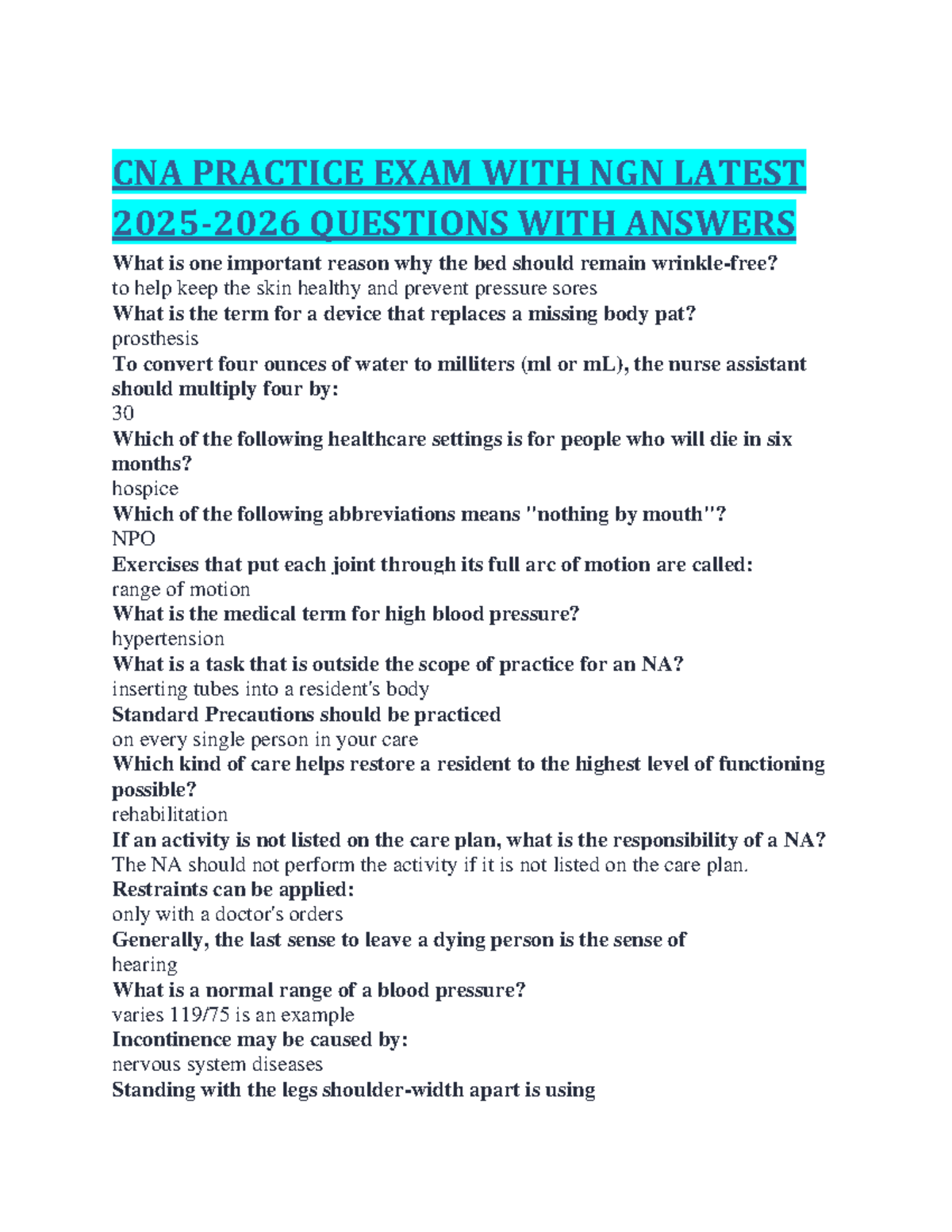 CNA Practice Exam: NGN Latest Questions & Answers Guide - Studocu