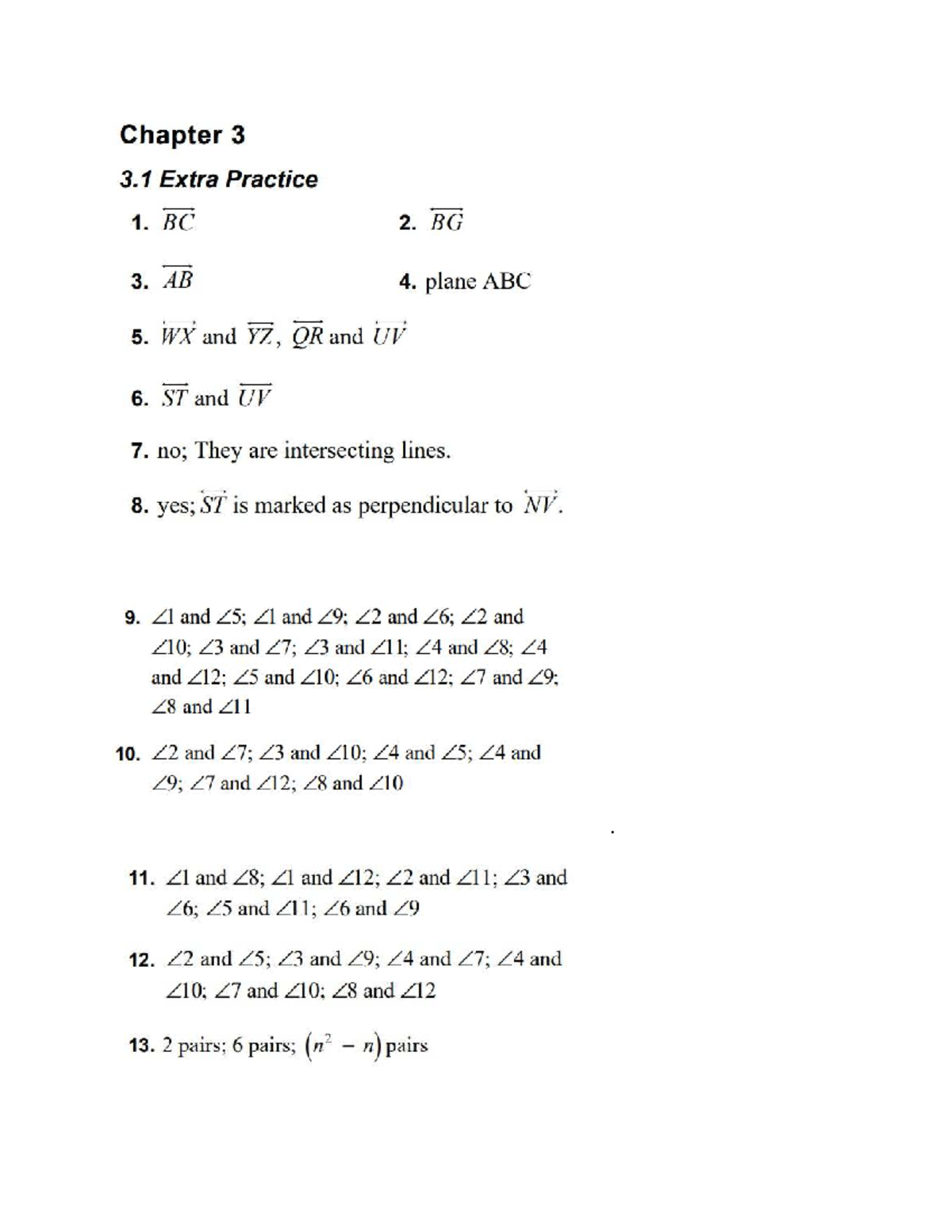 Answer key geometry mid quiz review - Chapter 3 3 Extra Practice 1. BC ...
