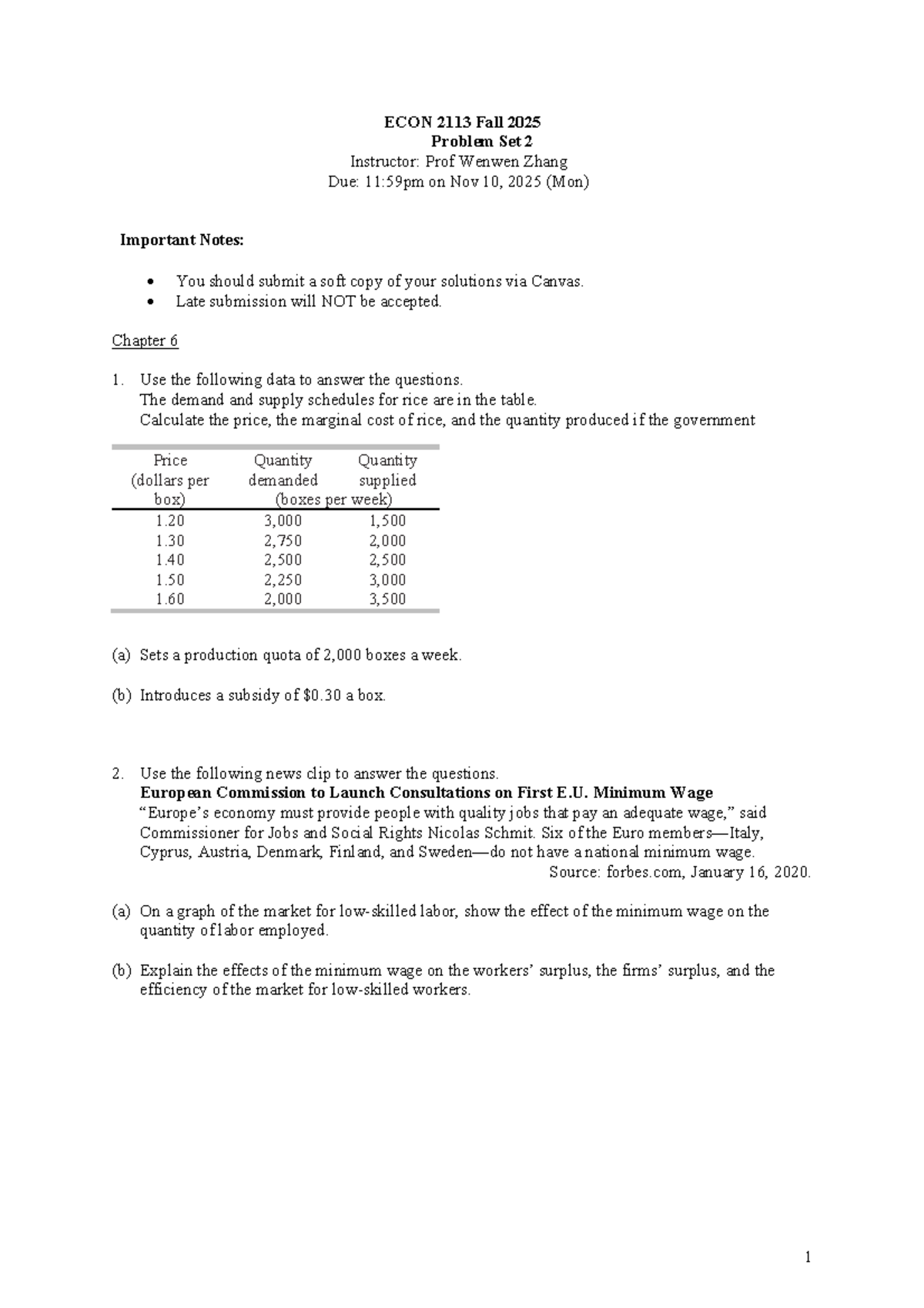 ECON 2113 Fall 2025 Problem Set 2 Solutions and Analysis - Studocu