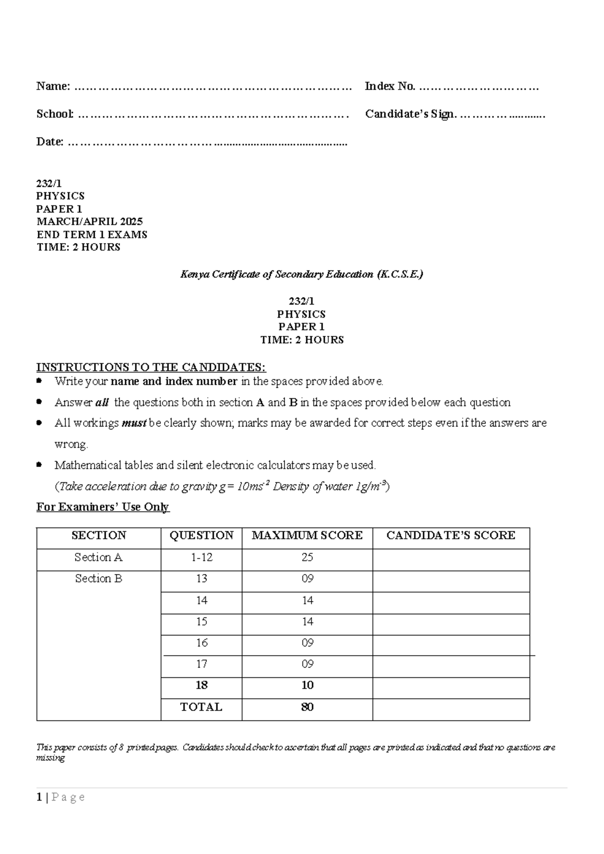 Physics P1 2025 End Term 1 Exam Questions and Answers - Studocu