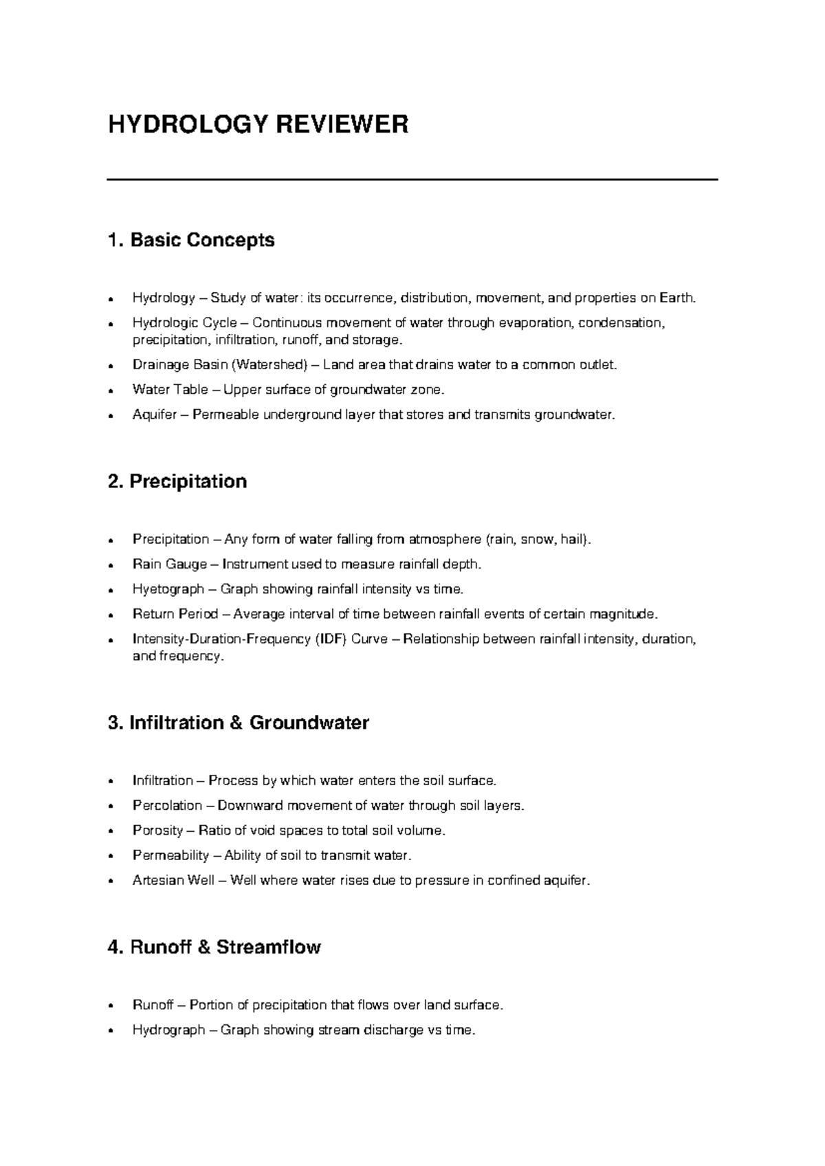 HYD 101: Hydrology Reviewer - Key Concepts and Definitions - Studocu
