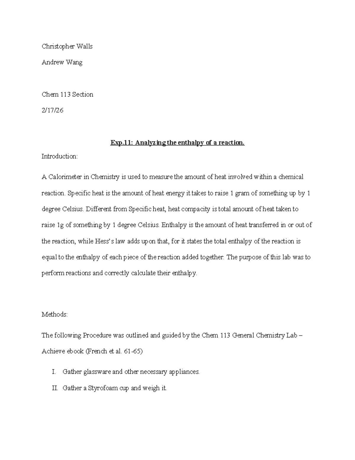 Chem 113 Final Lab Report: Analyzing Reaction Enthalpy - Studocu