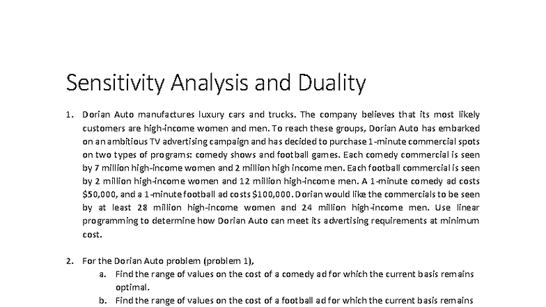 04 - Sensitivity Analysis & Duality in Linear Programming - Studocu