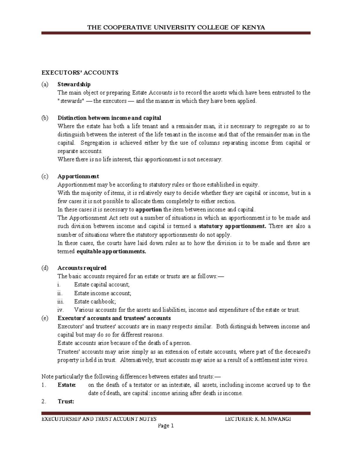 Executorship and Trust Account Notes - ACC 101 - Studocu