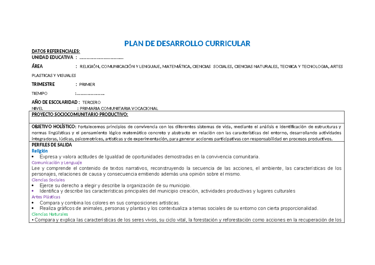 Desarrollo Curricular 3ro de Primaria - PDC Primer Trimestre - Studocu