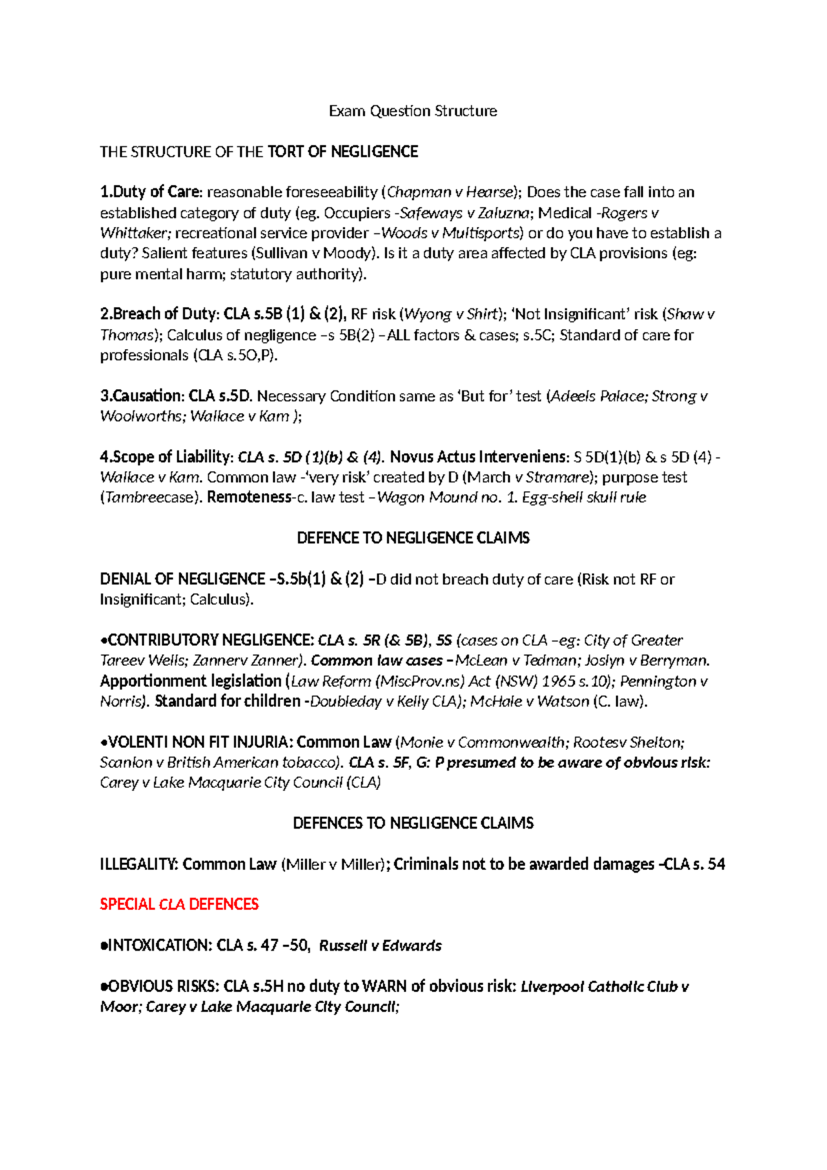 Tort of Negligence Exam Structure & Defences Overview - Studocu