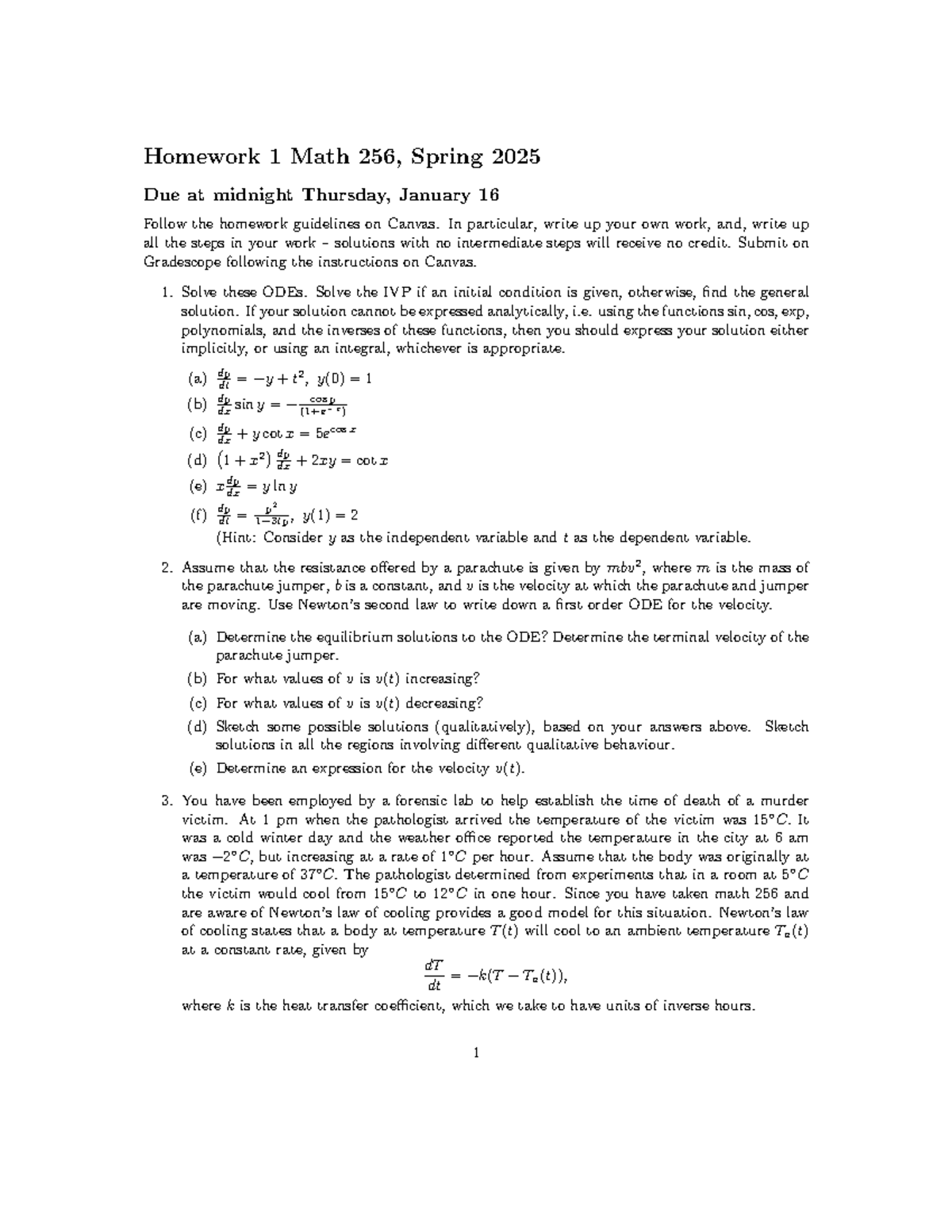 MATH 256 - Spring 2025 Homework 1: ODEs and Applications - Studocu