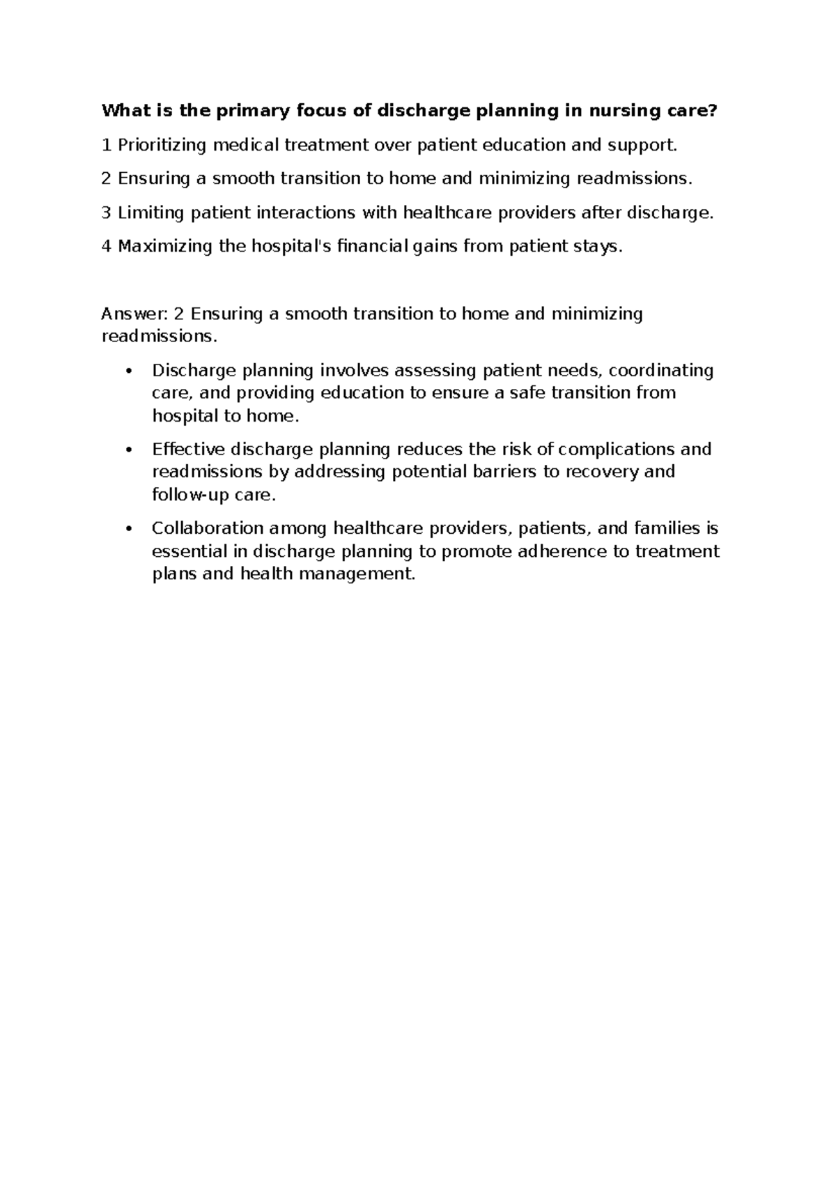 NUR 101: Discharge Planning in Nursing Care - Practice Question 1 - Studocu