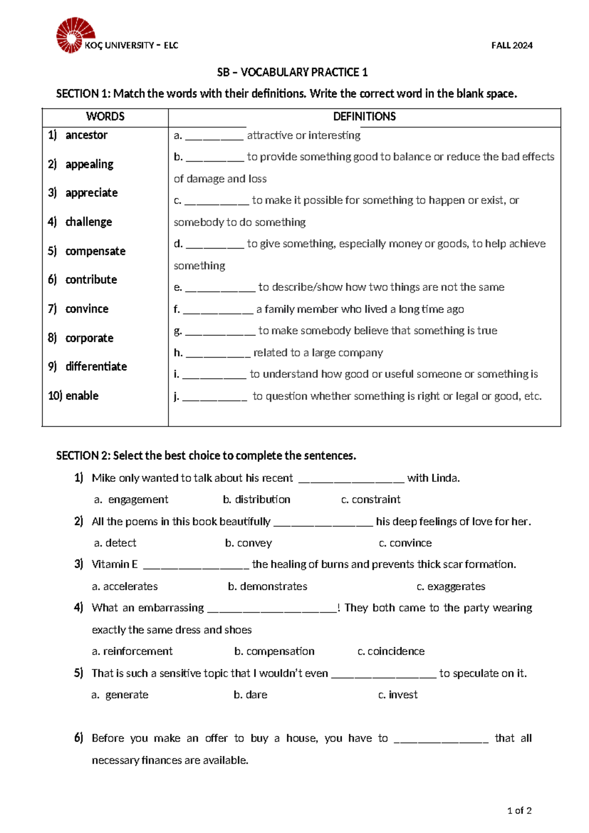 ELC 202 - Vocabulary Practice 1: Definitions and Sentence Completion ...