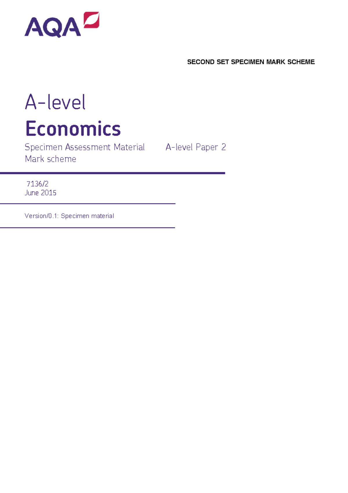 A Level Economics Paper 2 Second Set Specimen Mark Scheme - Studocu