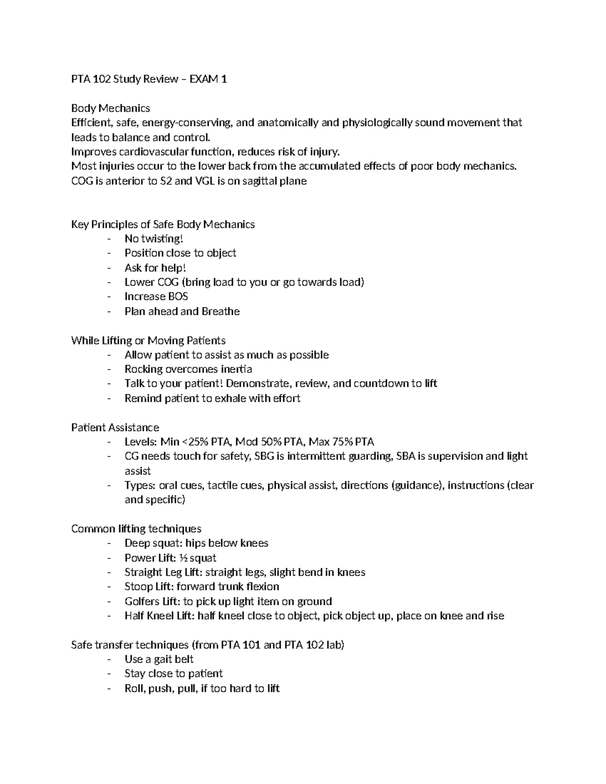 PTA 102 Exam 1 Study Review: Body Mechanics & Therapeutic Exercise ...
