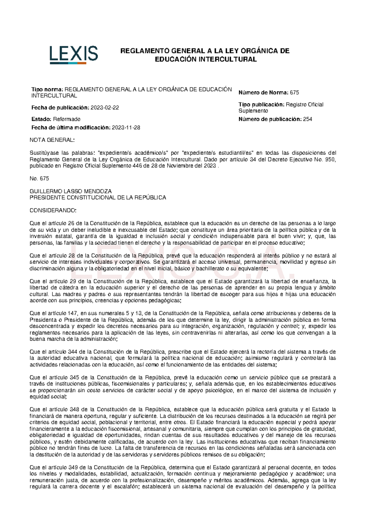 Reglamento General a la Ley Orgánica de Educación Intercultural ...