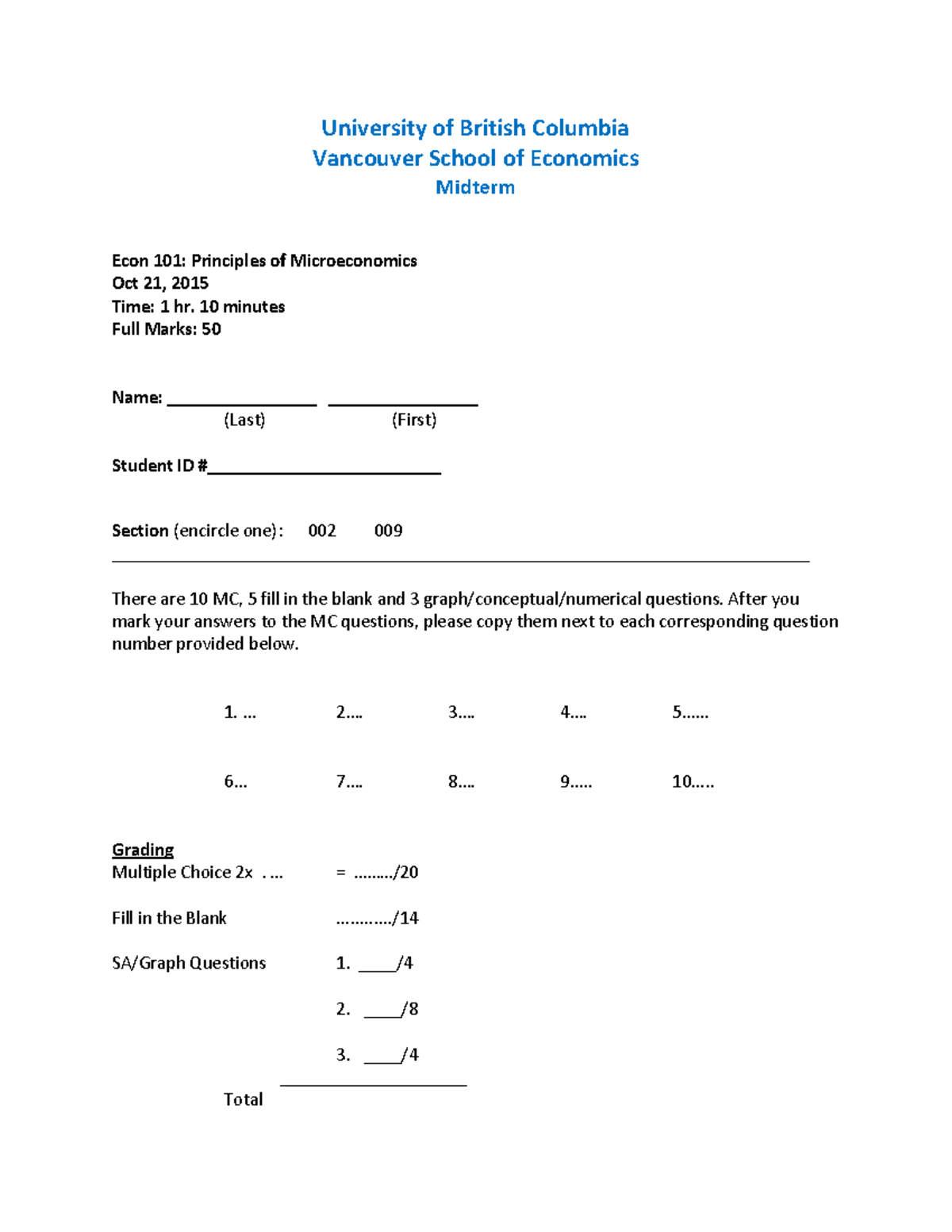 ECON 101 Midterm Exam Solutions - October 2015 - Studocu