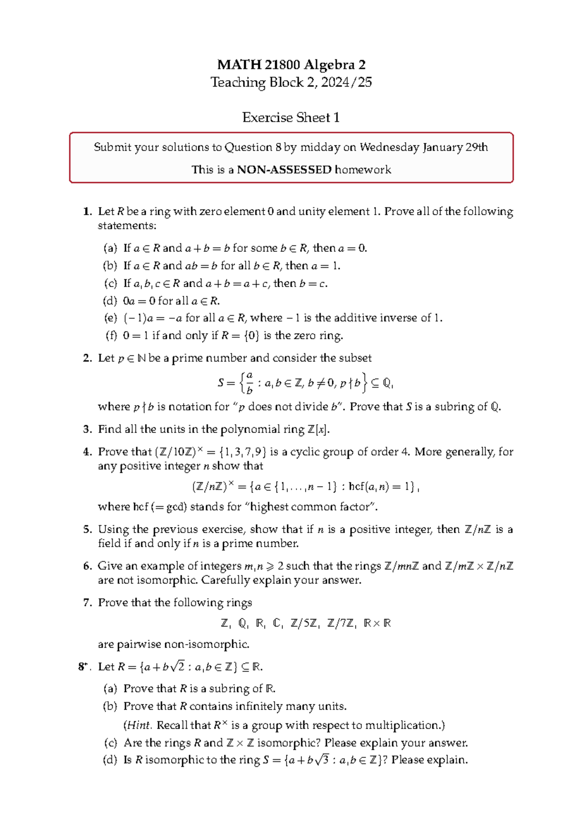 MATH 21800 Algebra 2 - Exercise Sheet 1 (Teaching Block 2, 2024) - Studocu