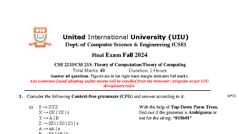 Final Exam CSE 233: Theory of Computing Questions & Guidelines - Studocu