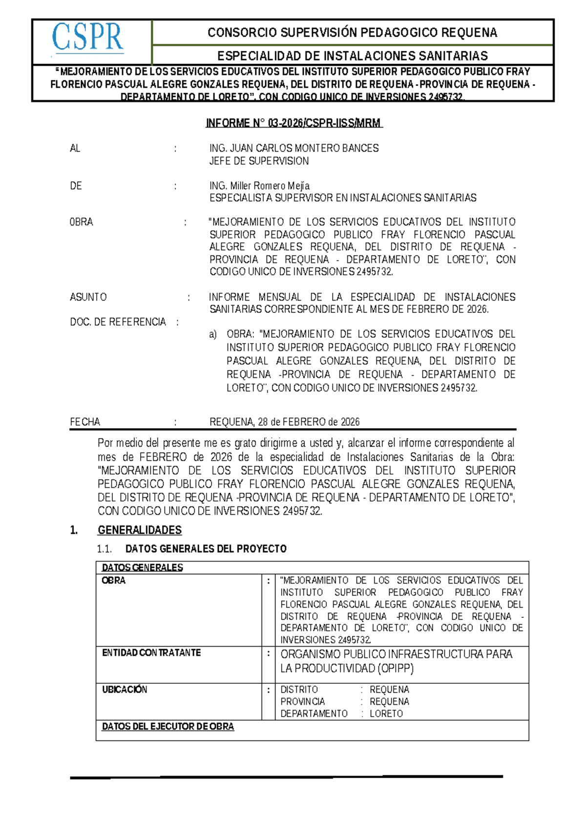 Informe Mensual N° 03 - Instalaciones Sanitarias 2026 - CSPR - Document Preview