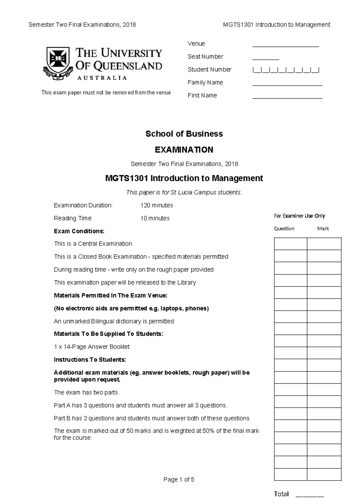 MGTS1301 Semester Two Final Exam Paper, 2018: Introduction to ...