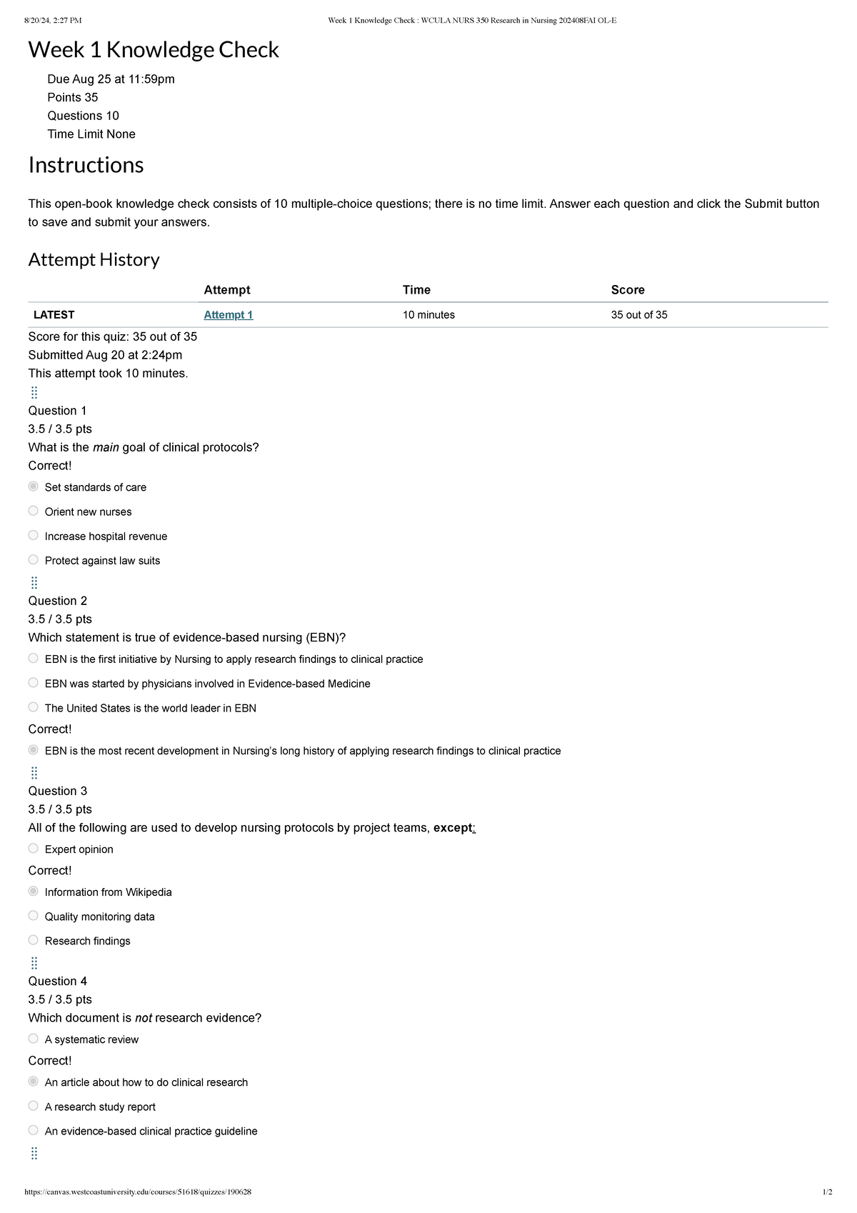 Week 1 Knowledge Check for NURS 350: Research in Nursing 202408 FAI OL ...