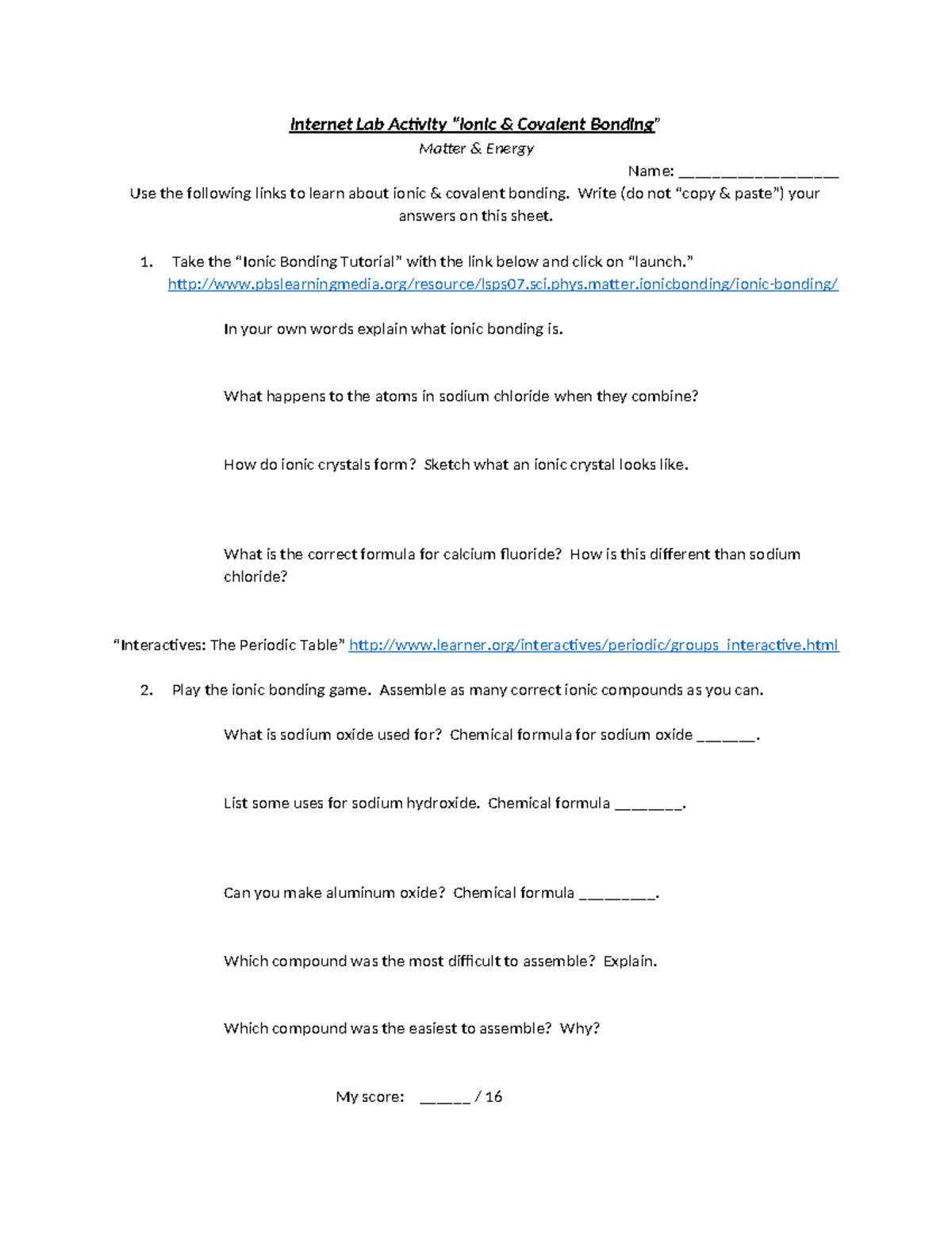 Internet Lab Activity: Ionic & Covalent Bonding Guide (SCI101) - Studocu