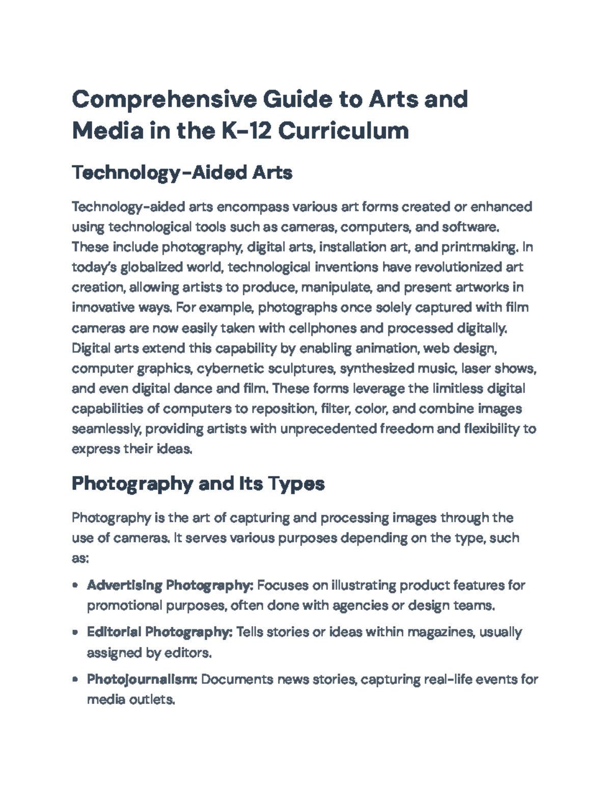 Comprehensive Guide to Arts and Media (K-12 Curriculum) - Studocu