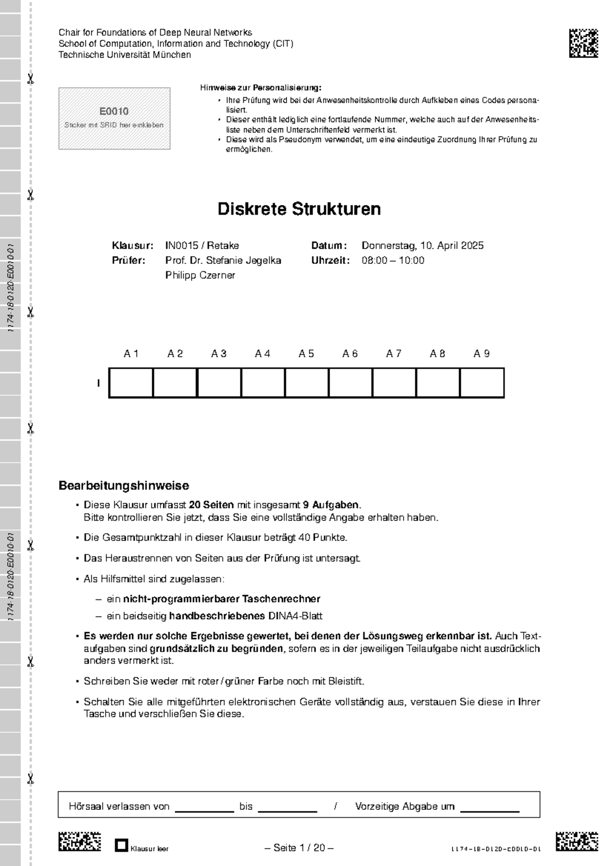 Diskrete Strukturen - Klausur Retake IN0015 2024/25 - Document Preview