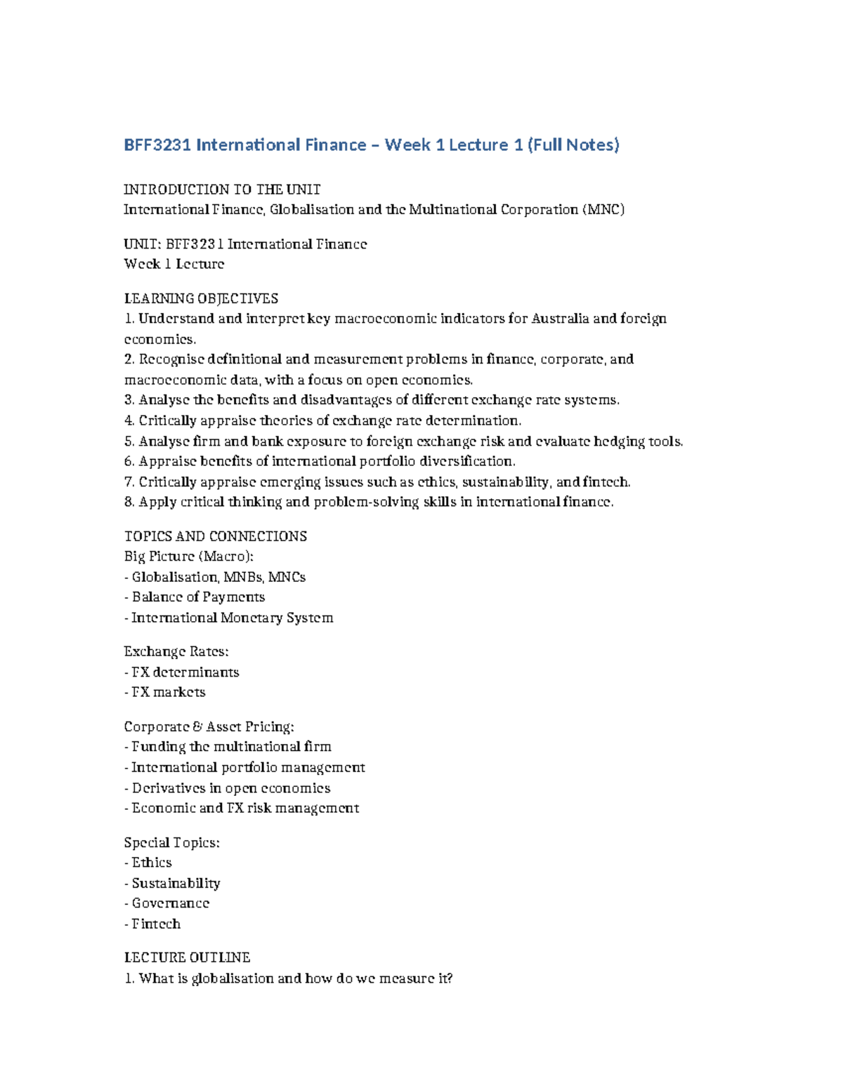 BFF3231 International Finance Week 1 Lecture Notes on Globalisation ...