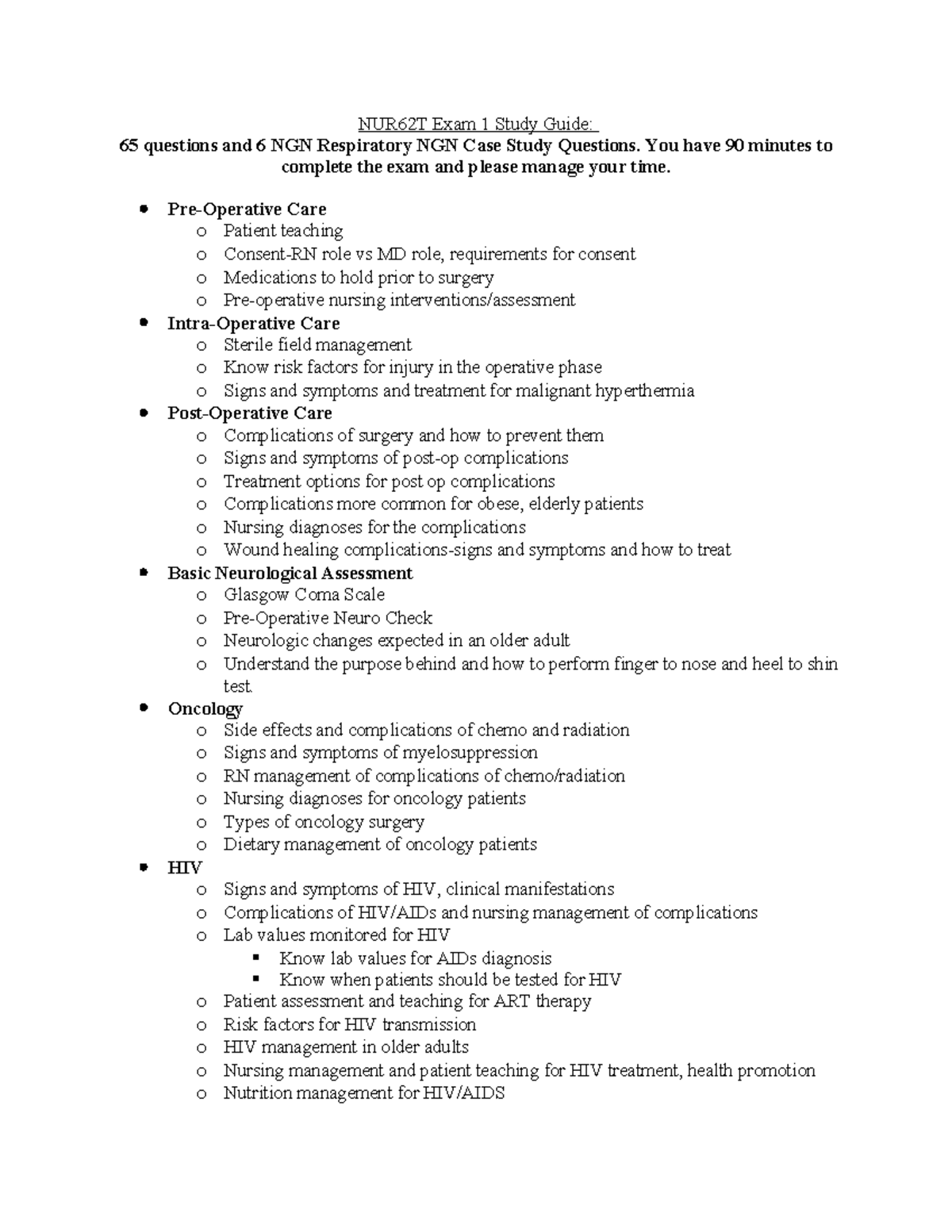 NUR62T Exam 1 Study Guide: Respiratory, Post-Op, and Oncology Care ...
