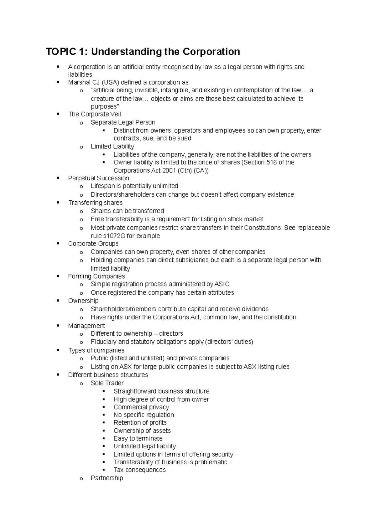 Notes - TOPIC 1: Understanding the Corporation A corporation is an ...