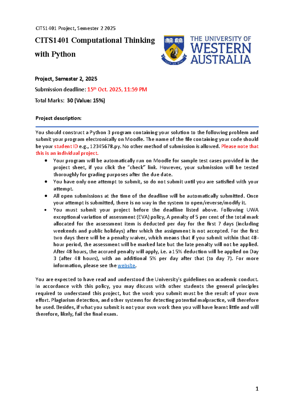 CITS1401 Project Overview: Python Program for Data Analysis - Studocu