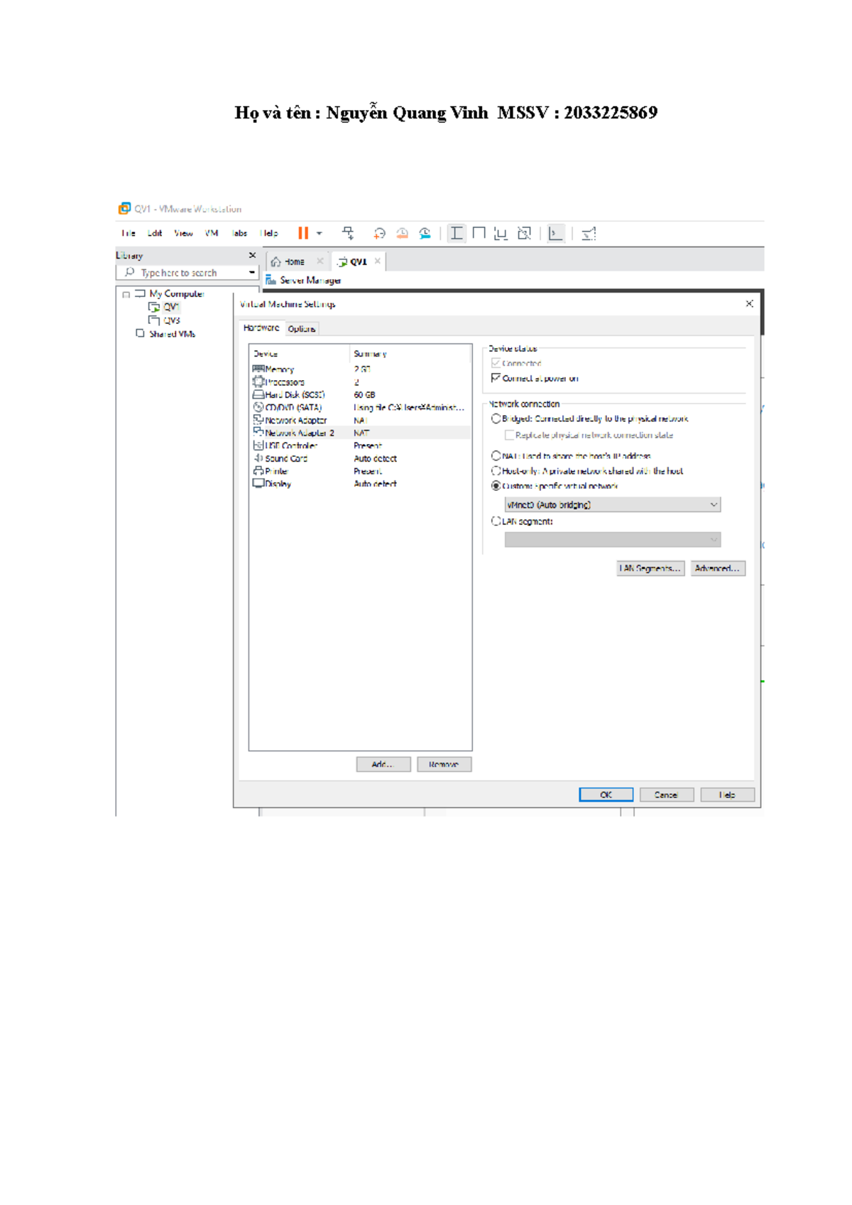 Nguyen Quang Vinh - VMware Workstation Configuration Overview - Studocu