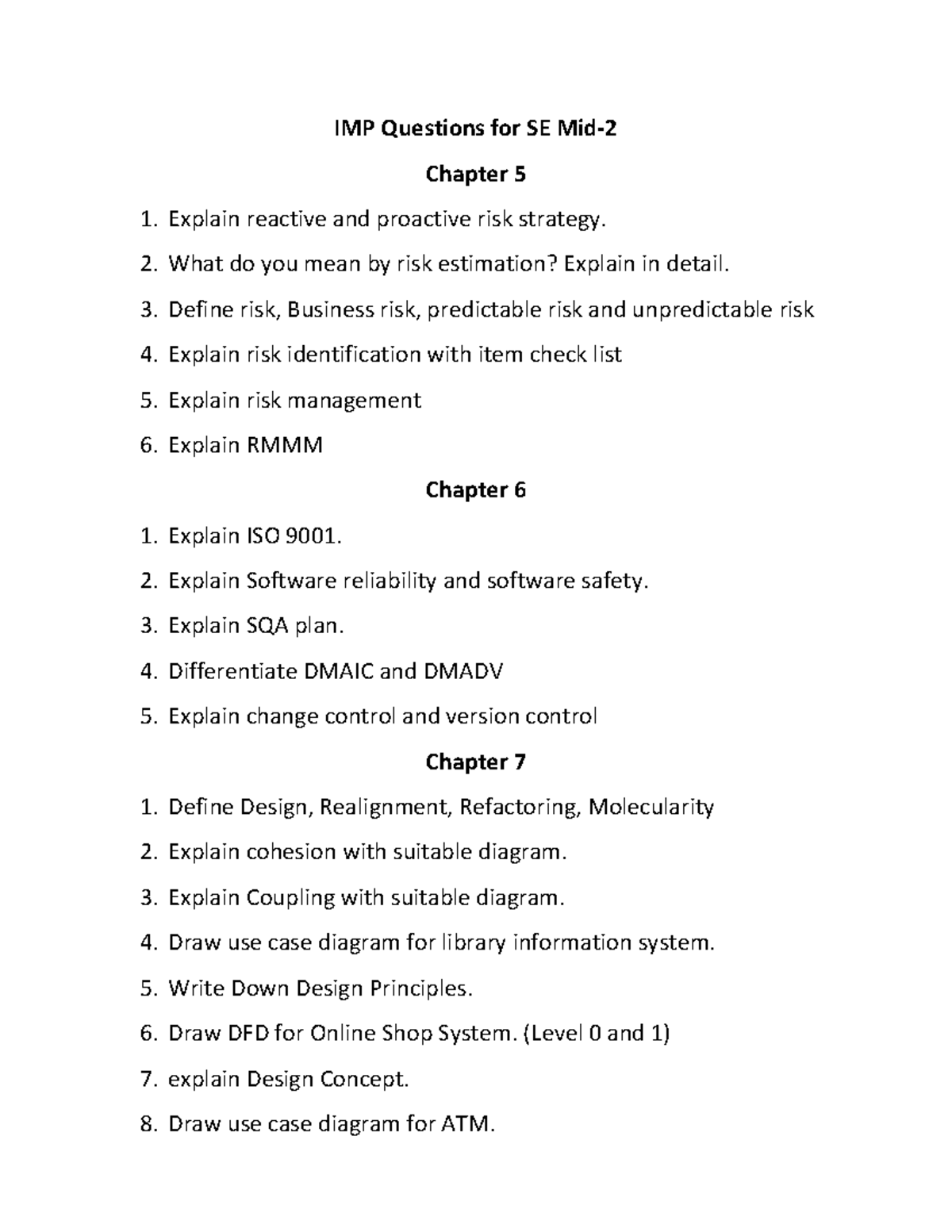 IMP SE MID-2 - Questions for Software Engineering Midterm Exam - Studocu