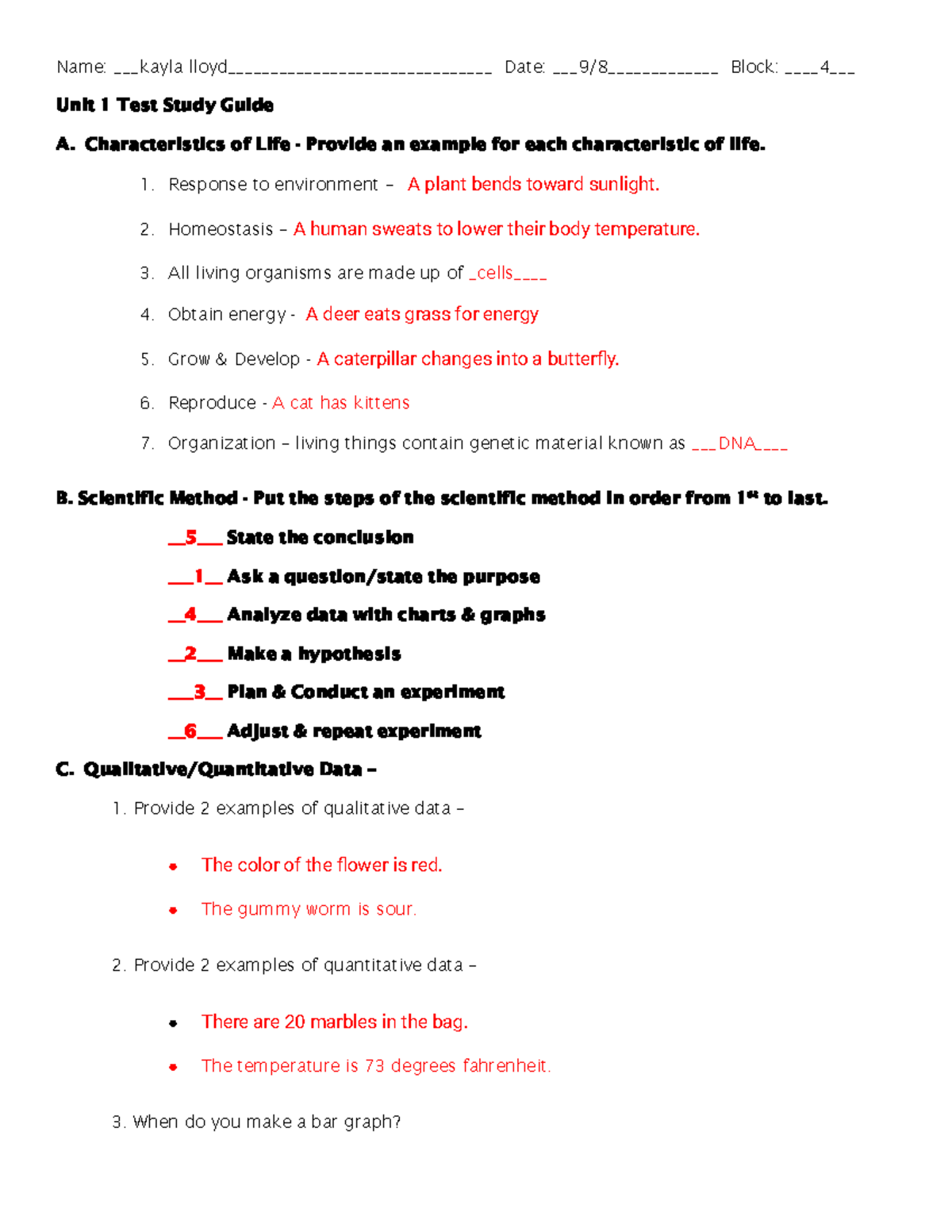 Unit 1 Test Study Guide: Characteristics of Life & Scientific Method ...