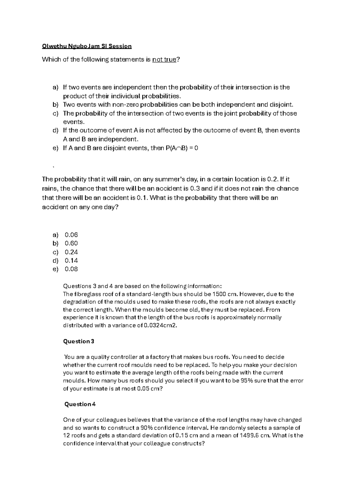 Stat 130 Test 2 Prep: SI Worksheet by Olwethu Ngubo - Studocu