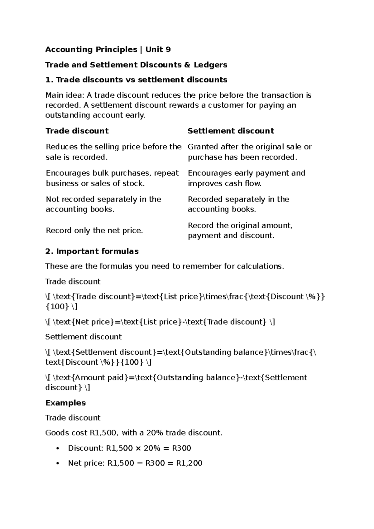 Accounting Principles: Unit 9 & 10 - Trade Discounts and VAT - Studocu