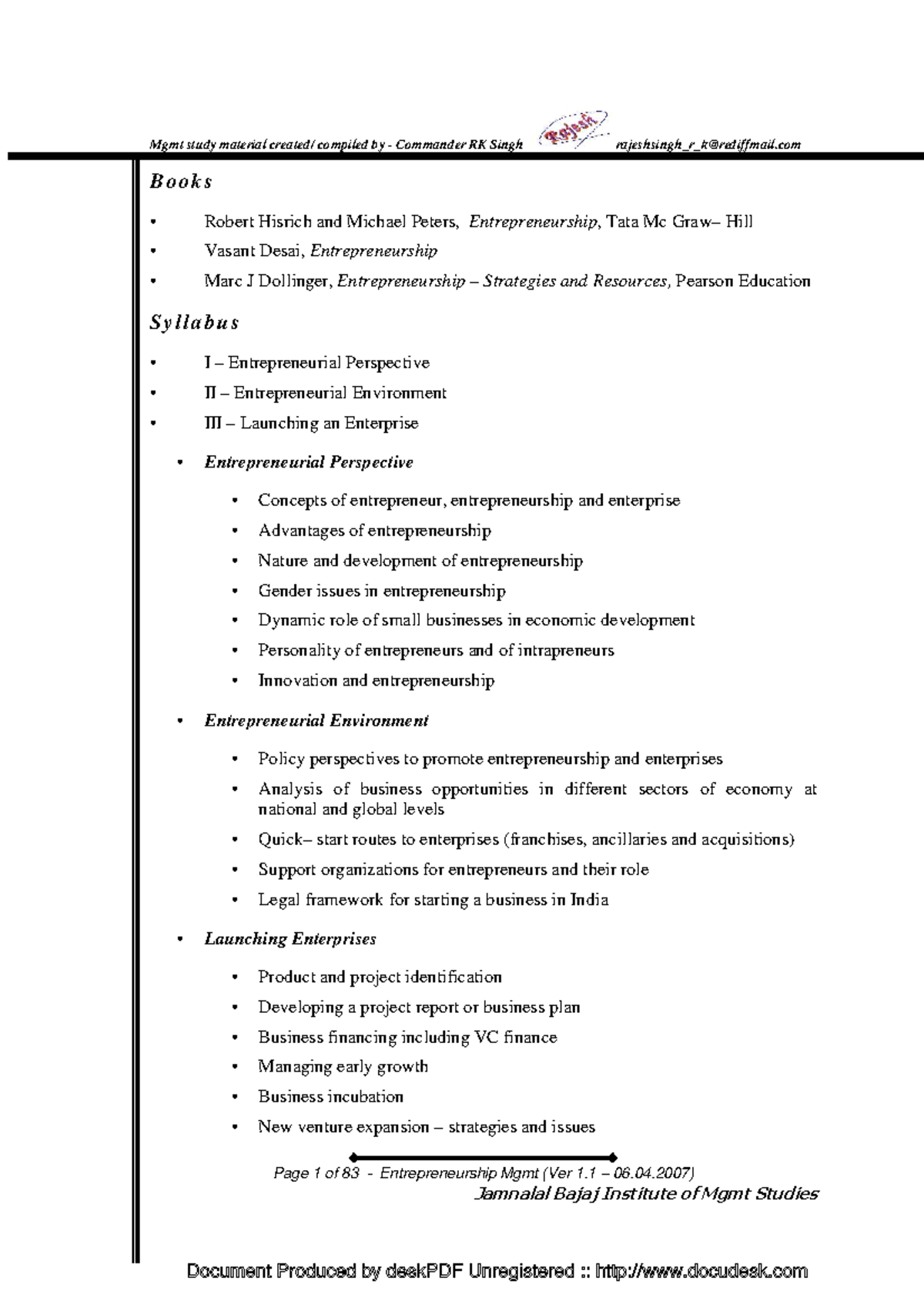 Entrepreneurship Mgmt Study Material (Mgmt 101) - Comprehensive Notes ...