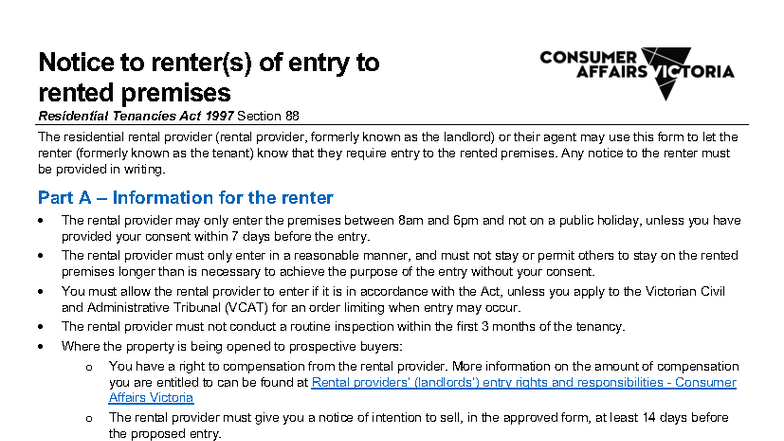 Notice to Renter of Entry to Rented Premises - Residential Tenancies ...