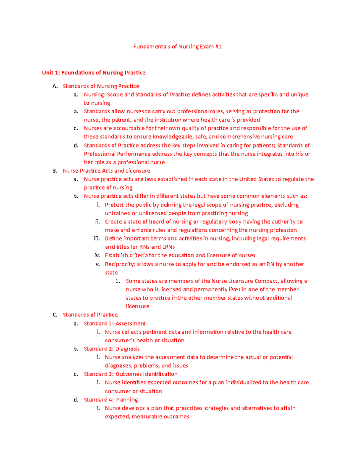 Fundamentals of Nursing Exam 1: Comprehensive Study Guide - Studocu