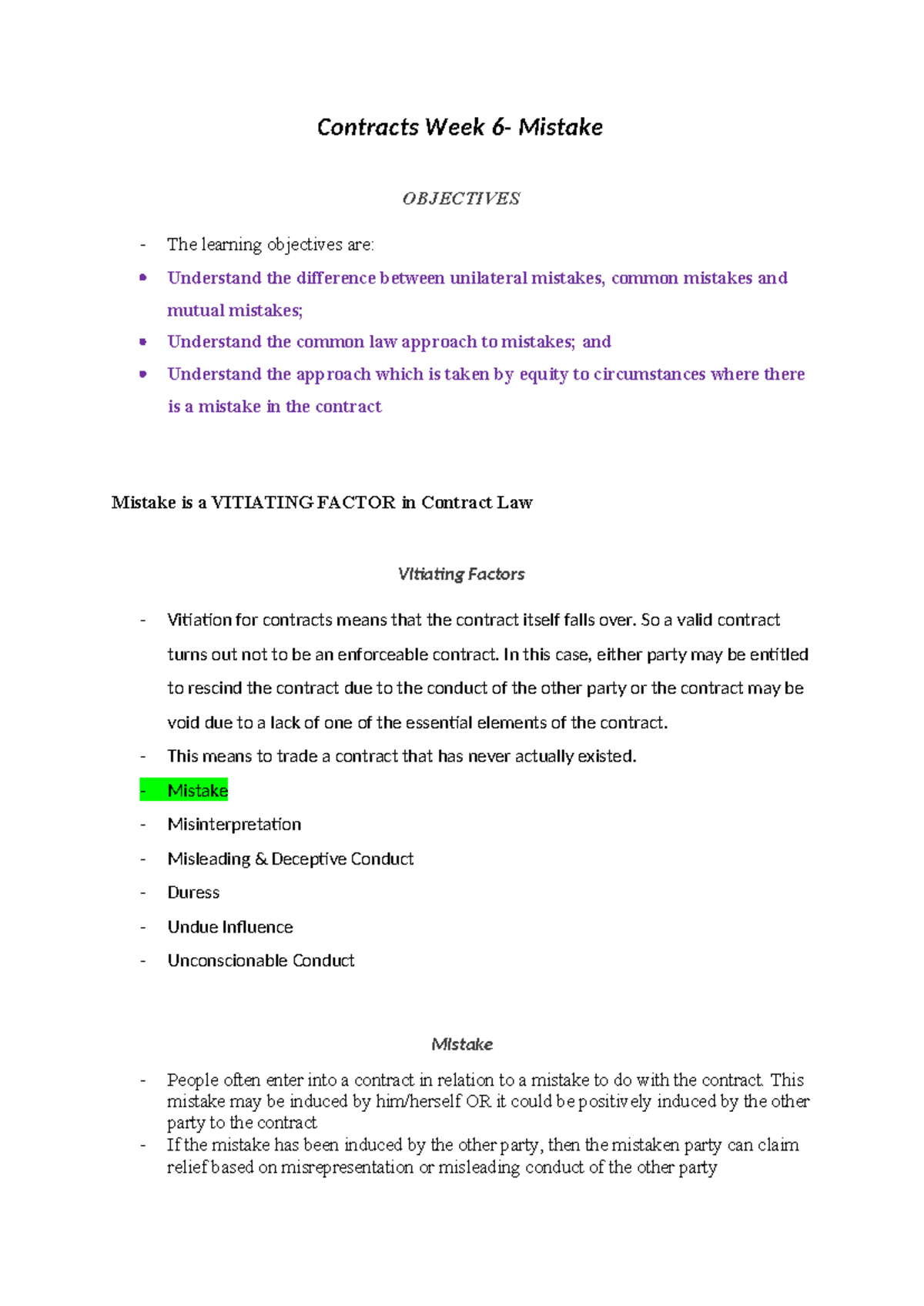 Contracts Week 6: Understanding Mistakes in Contract Law - Studocu