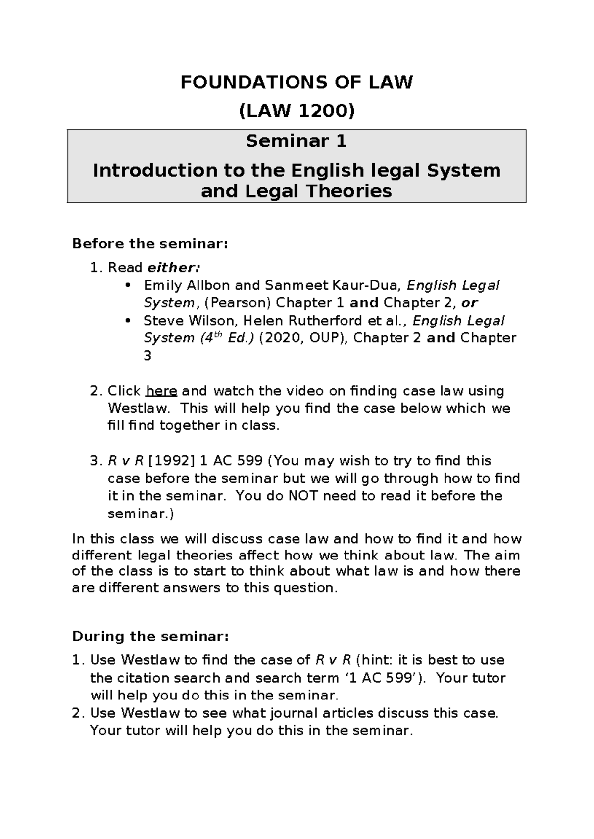 Foundations of Law (LAW 1200) Seminar 1: Intro to English Legal System ...