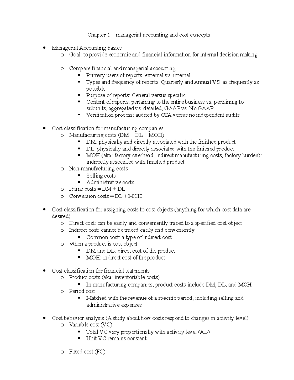 Managerial Accounting Exam 1 Review Notes: Key Concepts & Formulas ...