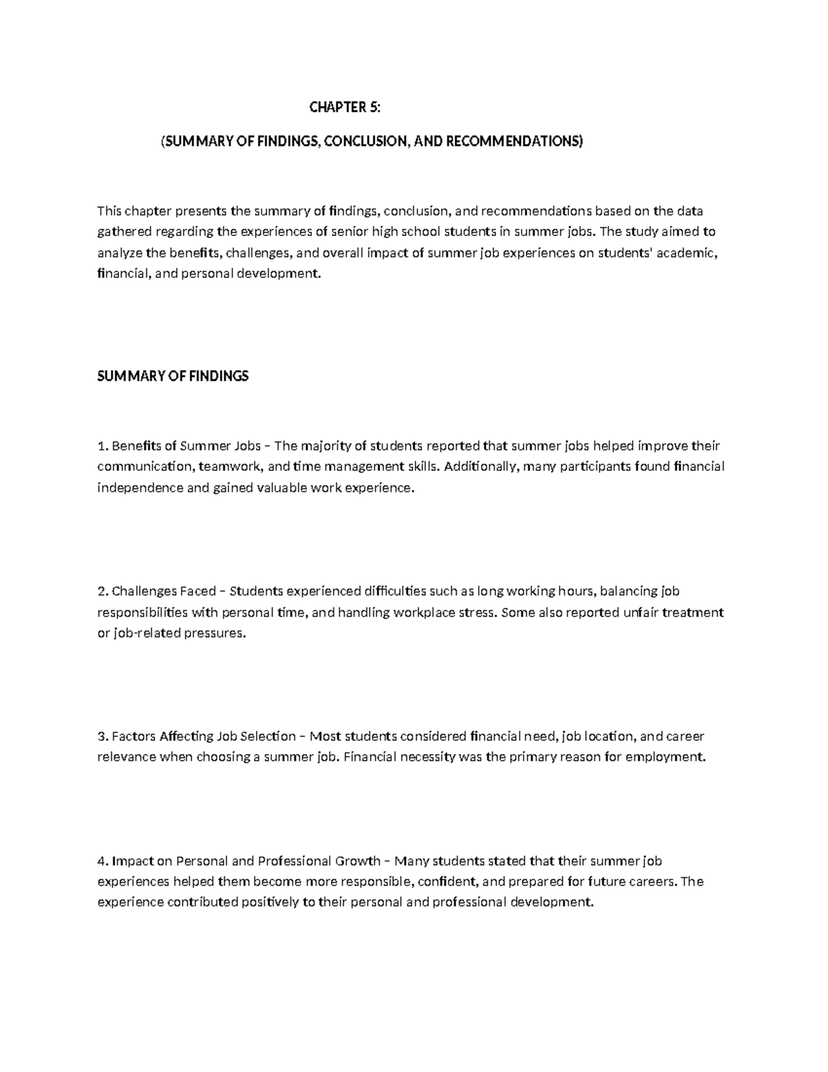 Chapter 5: Summary of Findings, Conclusions & Recommendations on Summer ...