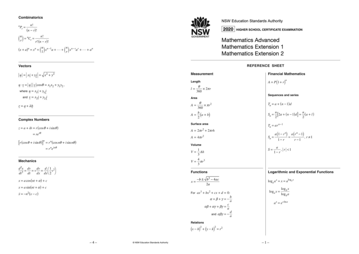 Reference Sheet for 2026 HSC: Advanced Mathematics Concepts - Studocu