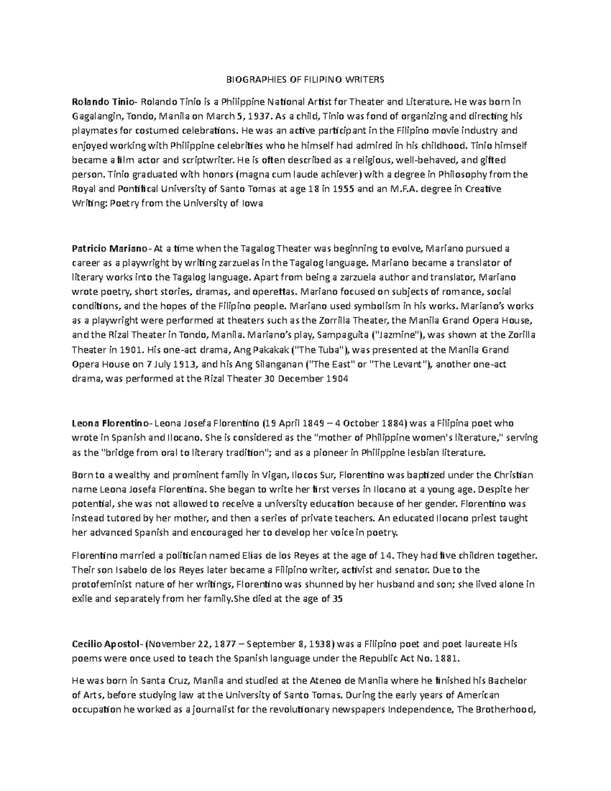 Biographies of Notable Filipino Writers and Artists - Studocu