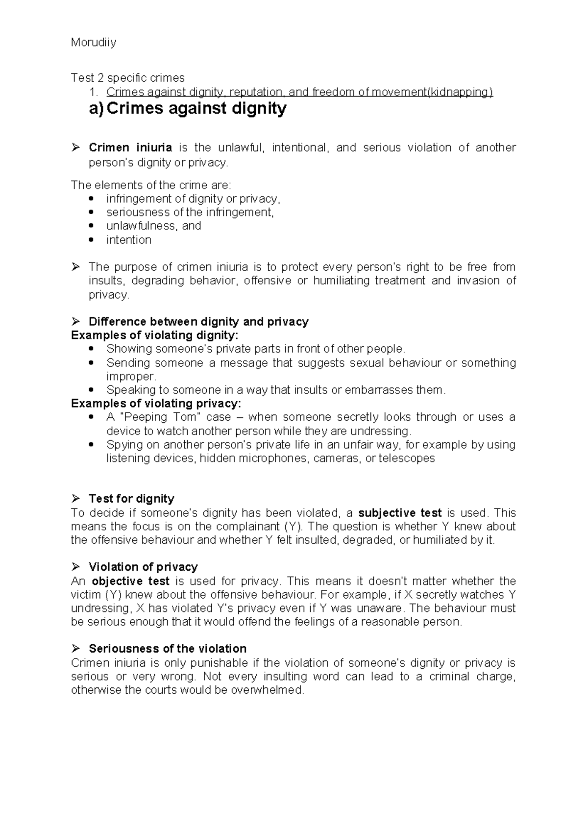Test 2: Specific Crimes - Key Notes on Dignity, Privacy, and Kidnapping ...
