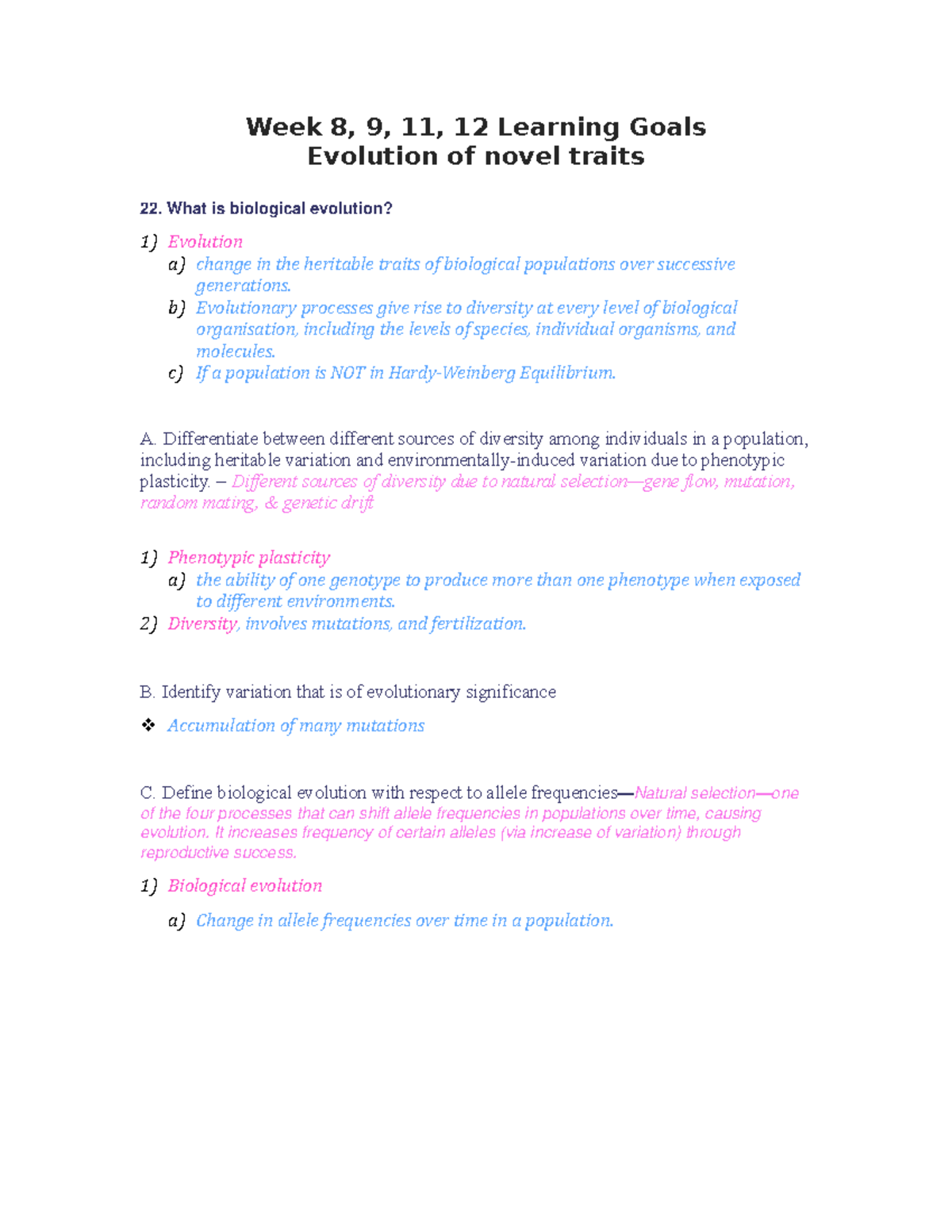 Unit 3 Learning Goals: Evolution and Genetic Diversity (Weeks 8, 9, 11 ...