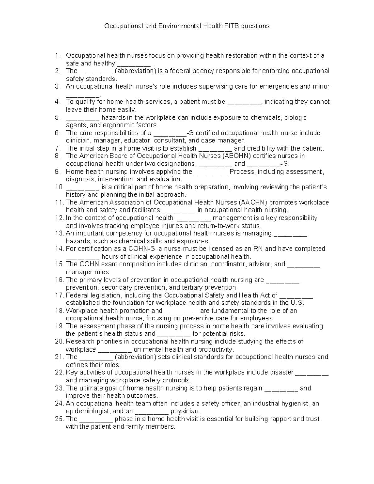Occupational & Environmental Health FITB Questions for Review - Studocu